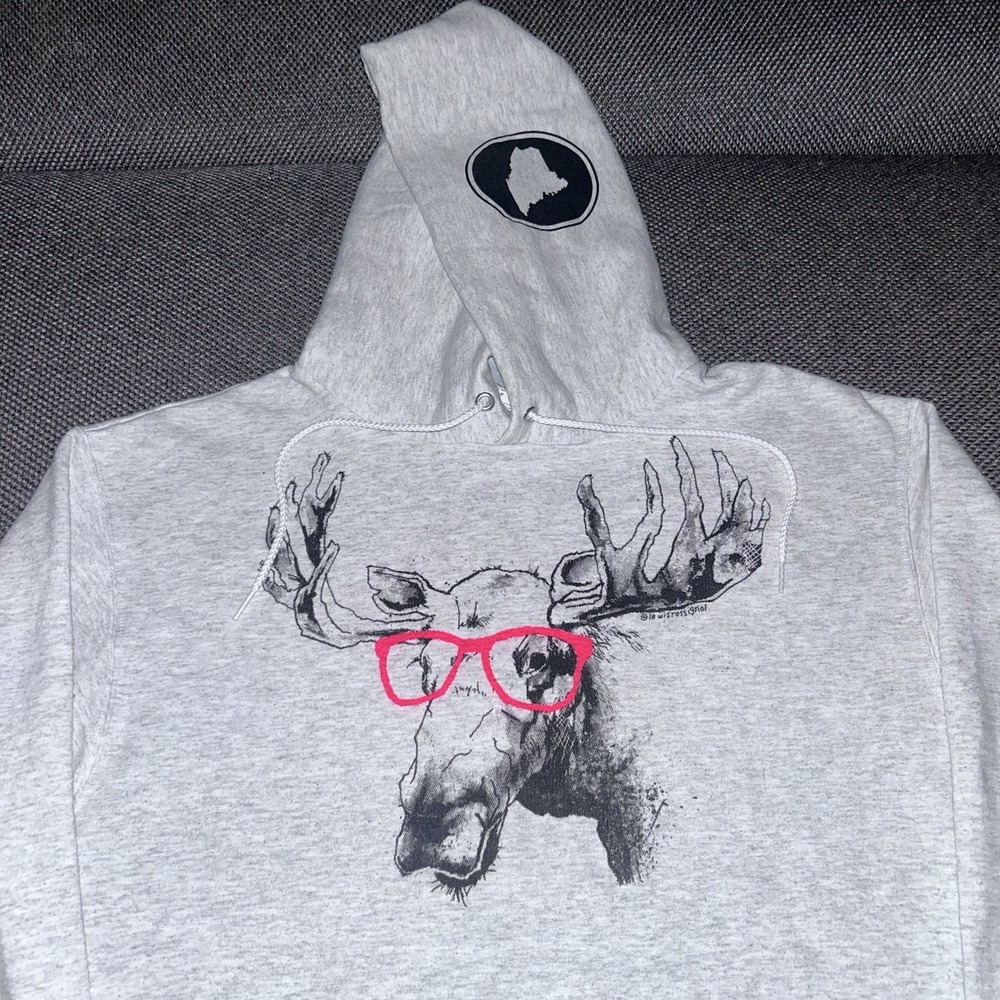 Champion Cool Maine Moose Gray Art Pullover Hoodie Mens Size Medium M Rare